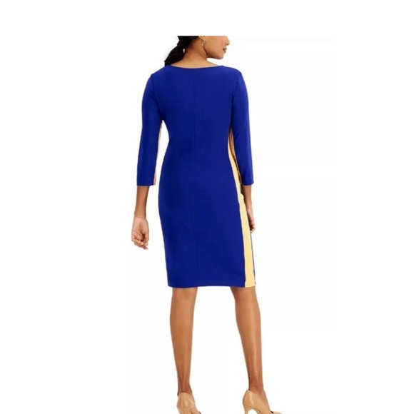 KASPER Women’s Blue Pleated 3/4 Sleeve Round Neck Knee Length Sheath Dress Sz 12 - Picture 3 of 3